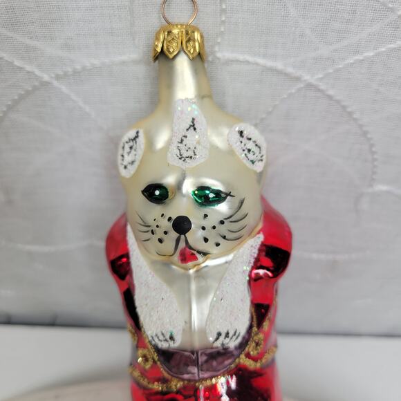 Vintage Kurt Adler Handmade Glass Cat Ornament Red Coat Glitter Christmas - Picture 12 of 16